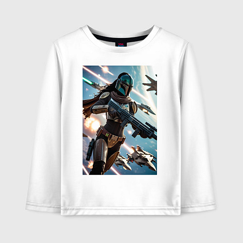 Детский лонгслив Девушка-мандалорец летит в космосе / Белый – фото 1