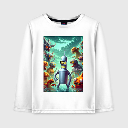 Детский лонгслив Bender bending robot among the monsters - ai art f / Белый – фото 1