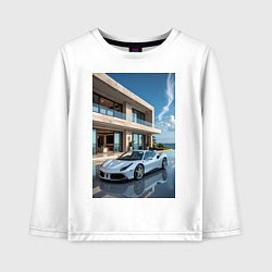 Детский лонгслив Белый суперкар у дома