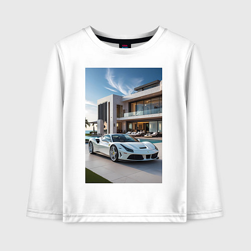 Детский лонгслив Белый суперкар у дома / Белый – фото 1