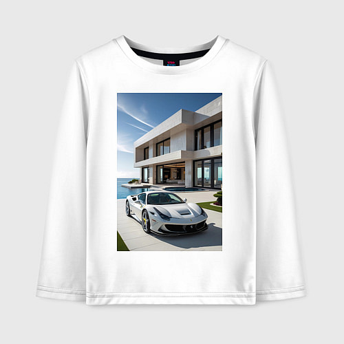 Детский лонгслив Белый суперкар у дома / Белый – фото 1