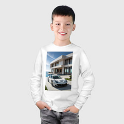 Лонгслив хлопковый детский Белый суперкар у дома, цвет: белый — фото 2
