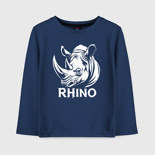 Детский лонгслив Носорог с надписью / Тёмно-синий – фото 1