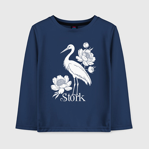 Детский лонгслив Аист с цветами / Тёмно-синий – фото 1