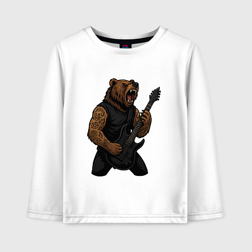 Детский лонгслив Медведь играет на электрогитаре / Белый – фото 1