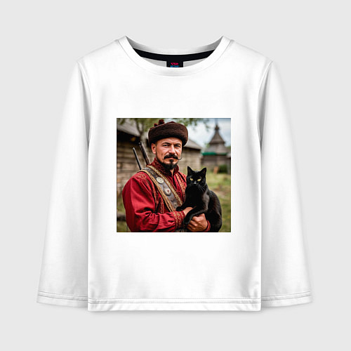 Детский лонгслив Казак с чёрным котом / Белый – фото 1