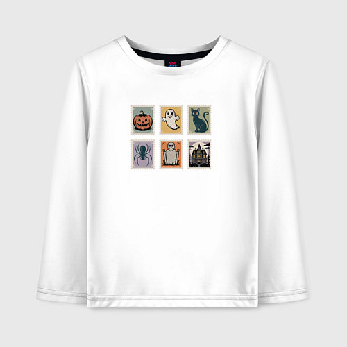 Детский лонгслив Символы Хэллоуина тыква привидение и черный кот / Белый – фото 1