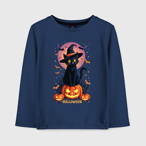 Детский лонгслив Halloween cat sits on pumpkin / Тёмно-синий – фото 1