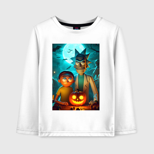 Детский лонгслив Rick and Morty with pumpkin - halloween night / Белый – фото 1