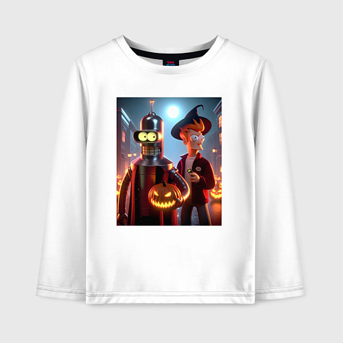 Детский лонгслив Бендер и Фрай в шляпе - ночь на хэллоуин / Белый – фото 1