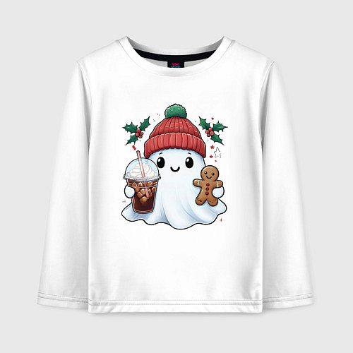 Детский лонгслив Милое новогоднее привидение с кофе и имбирным прян / Белый – фото 1
