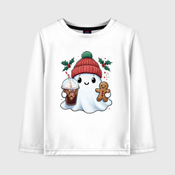 Лонгслив хлопковый детский Милое новогоднее привидение с кофе и имбирным прян, цвет: белый