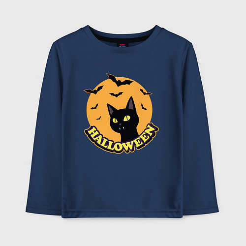 Детский лонгслив Хэллоуин, черный кот и луна / Тёмно-синий – фото 1