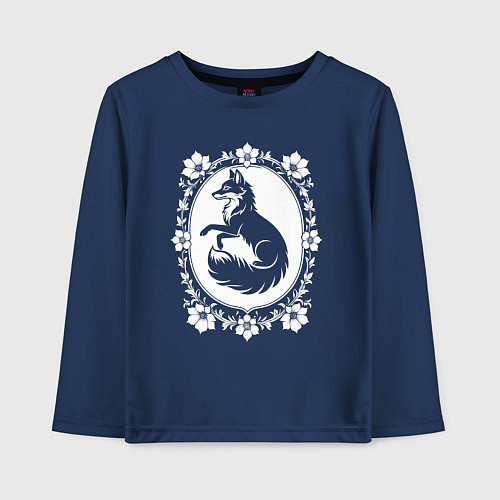 Детский лонгслив Лиса в цветочной раме / Тёмно-синий – фото 1