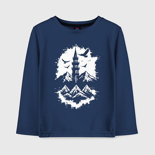 Детский лонгслив Башня с орлами в горах / Тёмно-синий – фото 1