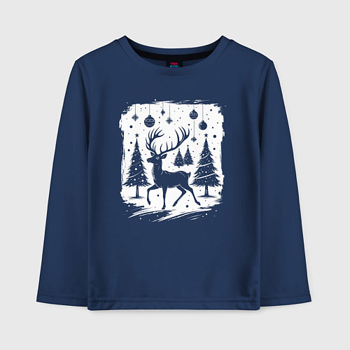 Детский лонгслив Олень в новогоднем лесу / Тёмно-синий – фото 1