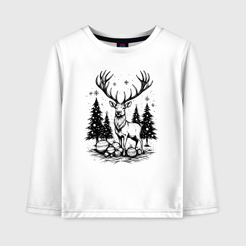 Детский лонгслив Олень в новогоднем лесу / Белый – фото 1
