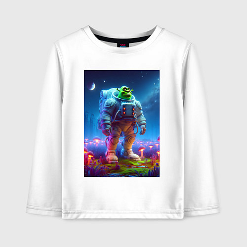 Детский лонгслив Космонавт Шрек на грибной планете - неоновое свече / Белый – фото 1