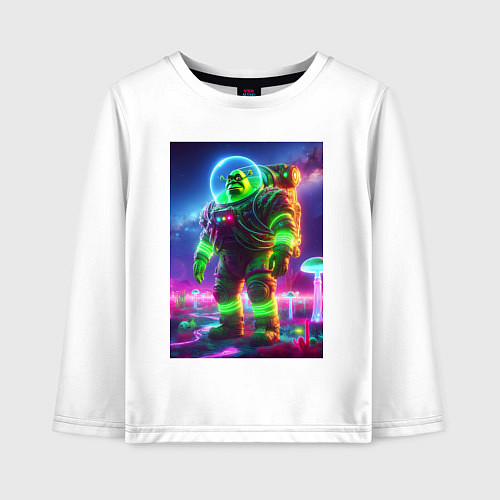 Детский лонгслив Шрек в неоновом скафандре - неоновый космос / Белый – фото 1
