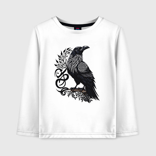 Детский лонгслив Суровый ворон в кельтском стиле - символ воинов / Белый – фото 1