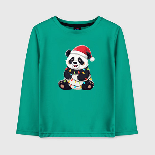 Детский лонгслив Новогодняя Панда в гирлянде / Зеленый – фото 1
