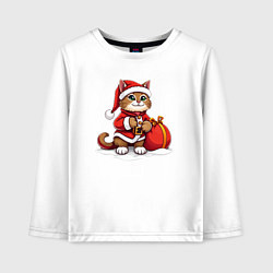 Лонгслив хлопковый детский Котик дед мороз с мешочком подарков, цвет: белый