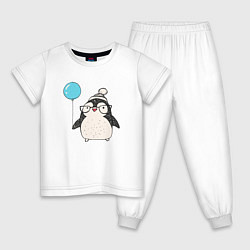 Пижама хлопковая детская Пингвин-мальчик с шариком, цвет: белый