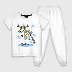 Пижама хлопковая детская Олень на лыжах, цвет: белый