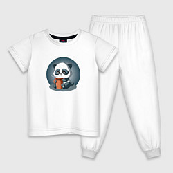 Пижама хлопковая детская Панда с кружкой кофе, цвет: белый