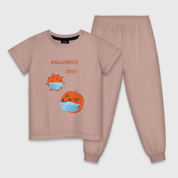 Пижама хлопковая детская Halloween 2021 , тыква в маске и коронавирус, цвет: пыльно-розовый