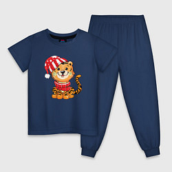 Пижама хлопковая детская Тигренок в шапке и в шарфе, цвет: тёмно-синий