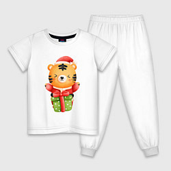 Пижама хлопковая детская Тигренок с новогодним подарком, цвет: белый