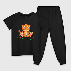 Пижама хлопковая детская Тигренок в гирляндах, цвет: черный