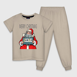 Пижама хлопковая детская Merry Christmas: Санта с синяком, цвет: миндальный