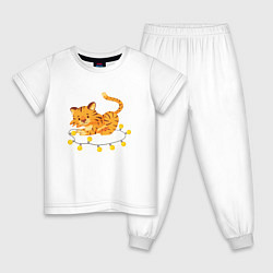 Пижама хлопковая детская Тигр играет с гирляндой, цвет: белый