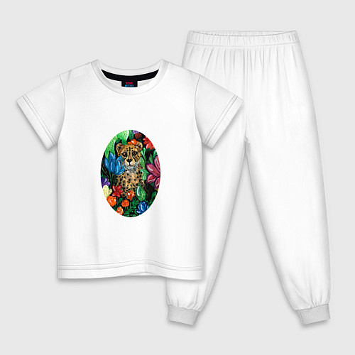 Детская пижама Гепард в сад с тропическими цветами / Белый – фото 1