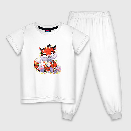 Детская пижама Тигренок запутался в гирлянде / Белый – фото 1