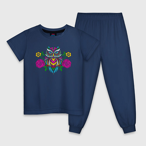 Детская пижама Красочная цветочная сова / Тёмно-синий – фото 1