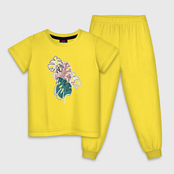 Пижама хлопковая детская Геометрические листья монстера, цвет: желтый