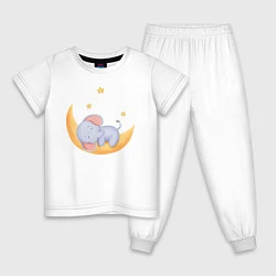 Пижама хлопковая детская Милый Слонёнок Спит На Месяце Среди Звёзд, цвет: белый