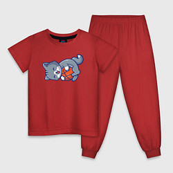Пижама хлопковая детская Игривый Котейка, цвет: красный