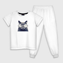 Пижама хлопковая детская Арт кот в очках принт, цвет: белый
