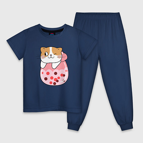 Детская пижама Довольный котик в стакане с мороженым / Тёмно-синий – фото 1