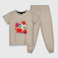 Пижама хлопковая детская Летний букет мак василек ромашка цветы лето, цвет: миндальный