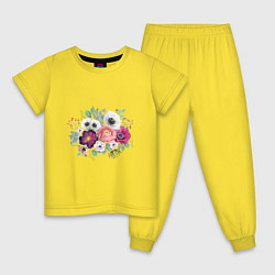 Пижама хлопковая детская Букет из белых и розовых анемонов, цвет: желтый