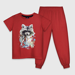 Пижама хлопковая детская Мордочка енота - акварель, цвет: красный