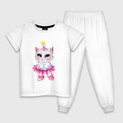 Пижама хлопковая детская Белая кошечка - балерина, цвет: белый