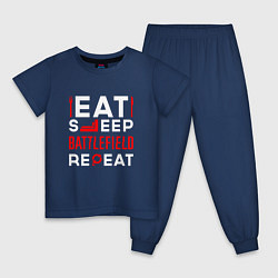 Пижама хлопковая детская Надпись eat sleep Battlefield repeat, цвет: тёмно-синий