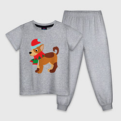 Пижама хлопковая детская Праздничная собачка в шапке и шарфике, цвет: меланж