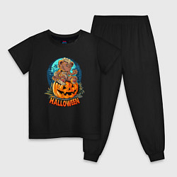 Пижама хлопковая детская Halloween - Мишка на тыкве, цвет: черный